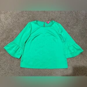 Lilly Pulitzer Christie Top Juniper Green Womens Size Medium Ruffle Sleeve Satin
